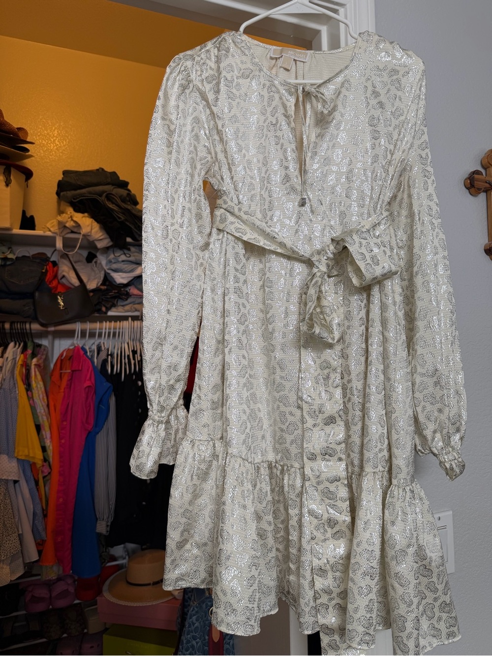 Michael Kors Ivory Sequin Tiered Long-Sleeve Dress with Tie